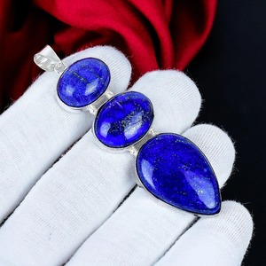 Colgante de Plata de Ley 925 con Triple Piedra de Lapislázuli en Engaste de Bisel, Hecho a Mano por Diseñador, Joyería para Mujer, Venta al por Mayor, Regalo - Product Image 3