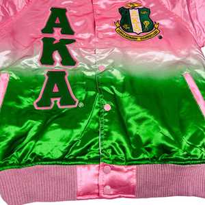 เสื้อแจ็คเก็ตบอมเบอร์แบบไล่เฉดสีชมพูเขียวปักลายตัวอักษรกรีกสำหรับผู้หญิง แบรนด์ AKA Ombre สไตล์สตรีทแวร์ - Product Image 2