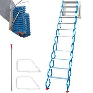 Scala a 12 gradini in acciaio blu per accesso al sottotetto, pieghevole e montabile a parete - Product Image 1