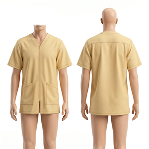Chemise de barbier pour homme, 220 GSM, polyester, élasthanne, micro piqué, beige, fermeture éclair sur le devant, uniforme, broderie personnalisée, impression de logo, OEM, ODM - Product Image 1