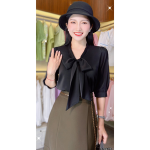 High Quality 1pc/polybag 150 GSM All Seasons <b>Women</b> Long Sleeve Shirt with Big <b>Bow</b> <b>Tie</b> Office Casual Solid Top Blouse Top Type - Product Image 2
