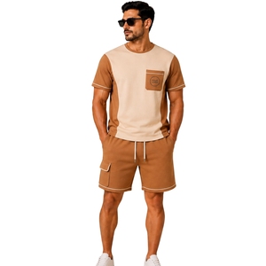 Beige And Camel Mens <b>T</b> <b>Shirt</b> Shorts Set Crew Neck Short Sleeve Pocket Top Cargo Drawstring Shorts Casual Sportswear Summer - Product Image 1