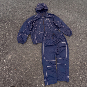Custom Mens Heavyweight 100% Cotton <b>Reflective</b> Piping Tracksuit Set Waterproof Windbreaker Hooded <b>Jacket</b> Technical Cargo Pants - Product Image 2