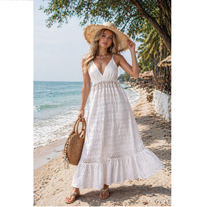 Vestido Maxi Bohemio de Algodón Schiffli con Tirantes Ajustables, Ropa de Verano para Resort, Vestido de Boutique, Vestido Bordado Surtido - Product Image 1