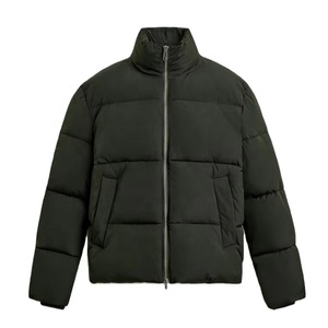 <b>Men's</b> Black Stand Collar Puffer <b>Jacket</b> Windproof Thick Winter Casual Zipper Coat Regular Fit Solid Color Polyester - Product Image 1