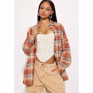 Plaid <b>Flannel</b> Long Sleeve <b>Shirt</b> <b>Women</b> Casual Autumn Oversized Checkered Button-Up Top Turn-Down Collar 100% Cotton Woven - Product Image 2