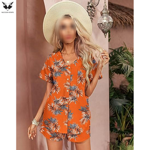 Conjunto de Camisa de Manga Corta con Estampado Floral Naranja y Pantalones Cortos para Mujer 2026, Producto de la Mejor Calidad, Corte Holgado, Ropa Casual de Verano - Product Image 3