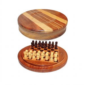 Wooden Pegged Chess Board Decorative Accent | Round Travel Chess Set Tabletop Knick Knack Decor Piece and Strategy Game Gift - Product Image 1