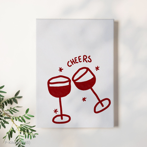 Toile d'art style scandinave pour cuisine moderne, bar à domicile, salle à manger, avec illustration de verres à vin rouge, typographie de 'Cheers' et illustration de 'Toast'. - Product Image 1