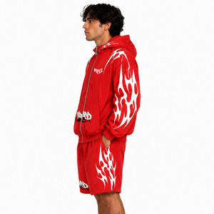 Trendy Red Custom Men's Graphic Gothic Logo Hoodies & Windbreaker Men Jacket & Shorts Set Streetwear Sportswear OEM Manufacturer - Product Image 3