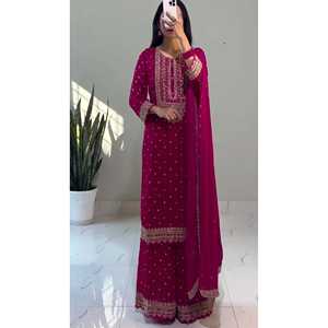 Conjunto de Fiesta para Mujer Zeel Fashion, Color Rosa Oscuro, Diseño Elegante, Top con Dupatta y Sharara Completamente Cosido - Product Image 2