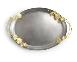 Plateau de service ovale en métal avec poignées en feuille d'or, finition martelée, style vintage, vaisselle décorative - Product Image 2