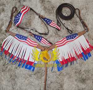 USA themed Patriotic printed Leather Horse Tack Set Crystal Conchos Headstall Breast Plate Genuine Leather Lightweight Tack - Product Image 3