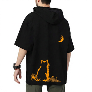 เสื้อยืดโอเวอร์ไซส์มีฮู้ดสีดำสำหรับผู้ชายพร้อมลายพิมพ์แมวและดวงจันทร์แขนสั้นเสื้อผ้าฝ้ายลำลอง - Product Image 6