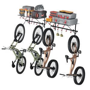 Portabici da Parete per 4 Biciclette, Organizzatore Personalizzabile per Casa e Garage con 2 Ripiani, Gancio per Bici - Product Image 1
