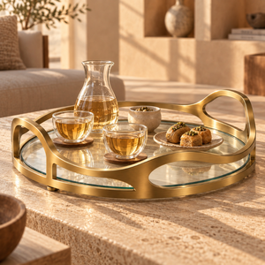 Plateau de service rond de luxe avec base en verre transparent et cadre doré sculptural |   Plateau de table décoratif élégant pour la décoration de la salle à manger - Product Image 4