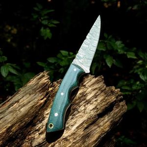 Cuchillo de Caza de Acero de Damasco Hecho a Mano, Hoja Fija de Alta Durabilidad, Grado Industrial, para Uso en Exteriores, Mango de Micarta OEM, Funda de Cuero - Product Image 6