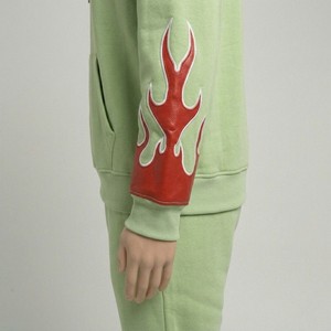 Survêtement unisexe vert avec imprimé flamme rouge, sweat à capuche zippé et pantalon, tenue décontractée pour adultes, saison automne, 100% coton - Product Image 4