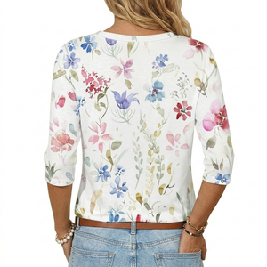 Camiseta de Mujer con Estampado Floral Personalizado, Cuello en V, Manga Tres Cuartos, Corte Ajustado, Estética Femenina, Fabricante - Product Image 4
