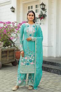 Salwar Kameez en Soie Chinon Brodé Turquoise pour Femme, Tenue Traditionnelle Indienne et Pakistanaise pour Mariage, Longueur Cheville - Product Image 3