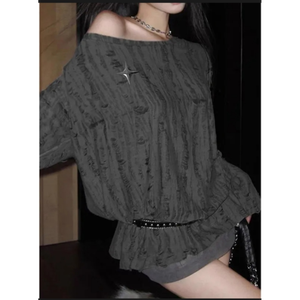 Minivestido o túnica de punto con hombros descubiertos, estilo cyber grunge, rasgado, de manga larga - Product Image 3