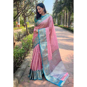 Sari en soie Kanchipuram rose pâle Elite Weaves, tissé à la main avec des broderies Zari traditionnelles, pour femmes, vêtements de fête pour tenues indiennes et pakistanaises - Product Image 1