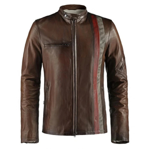 <b>Mens</b> <b>Brown</b> Genuine <b>Leather</b> Streetwear <b>Jackets</b> Contrast Vertical Stripes Snap Collar Zip Front Chest Pocket Premium OEM Outerwear - Product Image 4