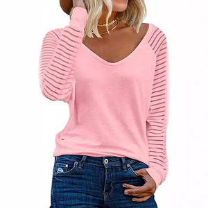 Camiseta de Manga Larga a Rayas con Parches para Mujer, Tallas Grandes, Casual, Transpirable, Antipilling, Venta al por Mayor, Nueva y de Moda - Product Image 2