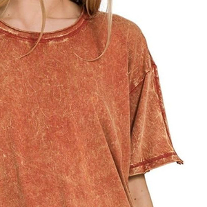 Camiseta de Manga Corta con Cuello Redondo para Mujer, Lavado Ácido, Estilo Vintage, 100% Algodón, Transpirable, Ecológica, Informal - Product Image 3