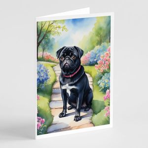 Whimsical A7 Size <b>5x7</b> Black Pug Spring Path Greeting Cards Pack of 8 Blank Note Cards with <b>Envelopes</b> - Product Image 1