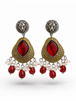 ELVORA GEMS Boucles d'oreilles vintage style lustre, motif tête de lion, cristaux rouges, perles d'imitation, serti griffe, bijoux de fête pour femme