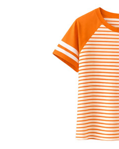 เสื้อยืดแร็กแลนลายทางสีส้มขาว ผ้าฝ้าย ใส่สบายๆ ในฤดูร้อน แขนเสื้อตัดกัน คอกลม รับผลิตแบบ OEM จากผู้ผลิต - Product Image 3