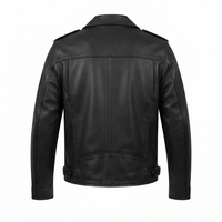 Veste de moto en cuir véritable pour homme, col rabattu, fermeture éclair, coupe ajustée, longueur normale, couleur noire unie