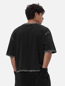 Camiseta Corta Negra Oversize de Manga Corta con Cuello Redondo y Ribete en Contraste Tie Dye para Hombre, Top Casual de Algodón Jersey - Product Image 6