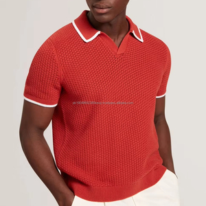 Polo en tricot à pointes rouges pour homme, coton Pima, manches courtes, pull texturé - Product Image 1