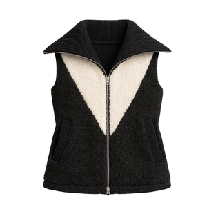 Chaleco de Sherpa Negro para Mujer, Diseño Premium, Panel en V Crema, Cierre de Cremallera Bidireccional, Sin Mangas, Ropa de Invierno, Venta al Por Mayor OEM - Product Image 1