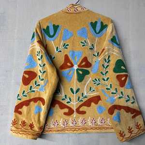 Velvet Woven Floral Embroidery Suzani Dress Mandarin Collar <b>Boho</b> Style Long Sleeve Loose Fit Handmade Natural Summer Autumn Wear - Product Image 5