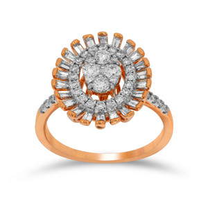 Bague de fiançailles chic en or rose 18 carats avec double halo de diamants baguette et ronds pour femme - Product Image 1