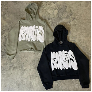 Hot Sale Streetwear Discount Price Sweatshirt Custom Design Puff Print Raw Hem Distressed Oversized Hoodies Low MOQ Pullovers - Product Image 1