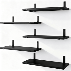 Set di 5 Mensole Galleggianti Rustiche a 5 Livelli in Legno Nero con Staffe Metalliche di Dimensioni Uniformi per Lavabi e Vasi - Product Image 1