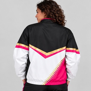 Veste coupe-vent pour femme, noire et blanche, à blocs de couleur, avec rayures roses et jaunes, entièrement zippée, à capuche, design unique, pour commandes de boutiques - Product Image 4