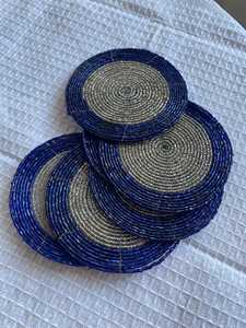 Posavasos Bohemio Hecho a Mano con Cuentas, Diseño con Hilos Azules y Plateados, Ecológico, Reutilizable, de Poliéster y Algodón, Decorativo para Mesa - Product Image 4