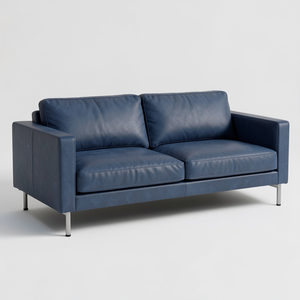 Canapé en cuir véritable de style moderne du milieu du siècle, revêtement en cuir de vache véritable bleu avec pieds en métal pour salon, mobilier de café - Product Image 1