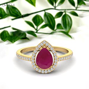 Rubí birmano auténtico de 8x6 mm en forma de lágrima con halo de diamantes, anillo de oro amarillo macizo de 14 quilates, joyería de boda hecha a mano para ella. - Product Image 4