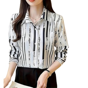 Camisa de Mujer a Rayas con Botones, Manga Tres Cuartos, Cuello Camisero, Blusa de Oficina, Primavera Verano, Corte Regular, Popelina Estampada - Product Image 1