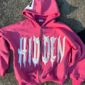 Manufacturer Custom Logo Acid Wash Rhinestone <b>Zip</b> <b>Up</b> <b>Cropped</b> Men's <b>Hoodie</b> Sun Fade Patchwork Embroidered Cotton Fleece - Product Image 1