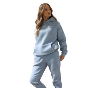 Ensemble de survêtement décontracté 2 pièces pour femme de haute qualité, avec logo personnalisé, motif sur le sweat à capuche, en molleton de coton épais - Product Image 1