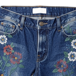 Women Indigo Blue <b>Embroidered</b> Breathable High Waist Denim <b>Jeans</b> Straight Fit Casual Streetwear Dark Cotton Pants Custom OEM OD - Product Image 3
