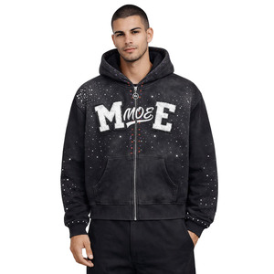 Ensemble de sweats à capuche zippés pour hommes, coupe ample, style Y2K, vintage, délavé, avec broderie chenille et strass, vente en gros personnalisée - Product Image 5