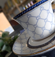 Taza de café de porcelana fina Shin Tai Yuan con platillo, diseño de cuerda azul, borde dorado, impresión por transferencia de agua, regalo de Taiwán